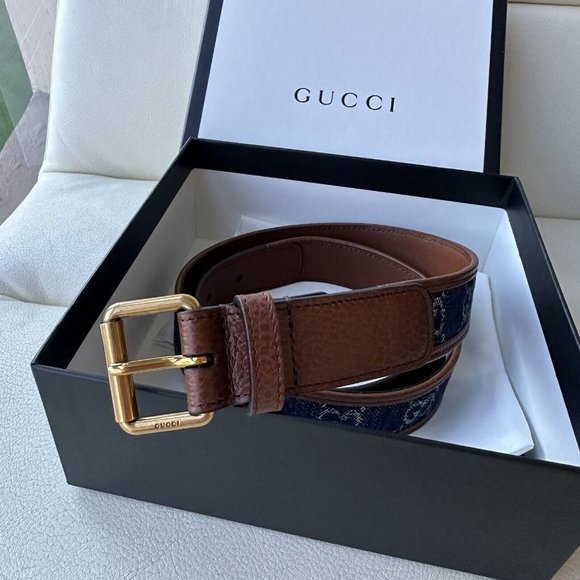 NEW GUCCI BELT 678694 GG LOGO DENIM CANVAS BROWN LEATHER BUCKLE 80 cm 32 In - Picture 3 of 8